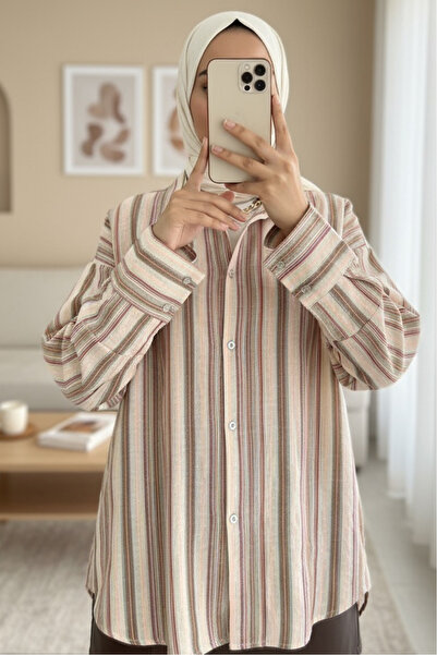 Modamorfo Πουκάμισο Oversize με ανάγλυφες ρίγες και μία τσέπη - καφέ