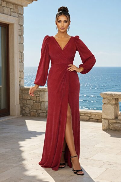FaBe Fashion KRUVAZE YAKA UZUN KOLLU SİMLİ ÖRME KUMAŞ ABİYE ELBİSE