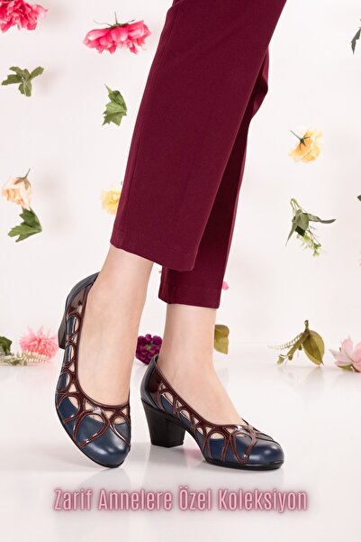 Gondol Γυναικεία Γνήσιο Δέρμα Στρογγυλή μύτη Παπούτσι με τακούνι vdt.1640 Ναυ...