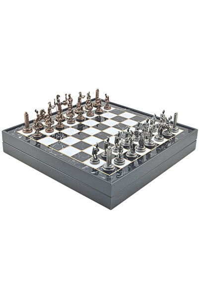 GiftHome Orta Boy Metal YUNAN MİTOLOJİSİ Satranç Tk. Antik ve Mermer Desenli Sandıklı MDF Tahtası(36