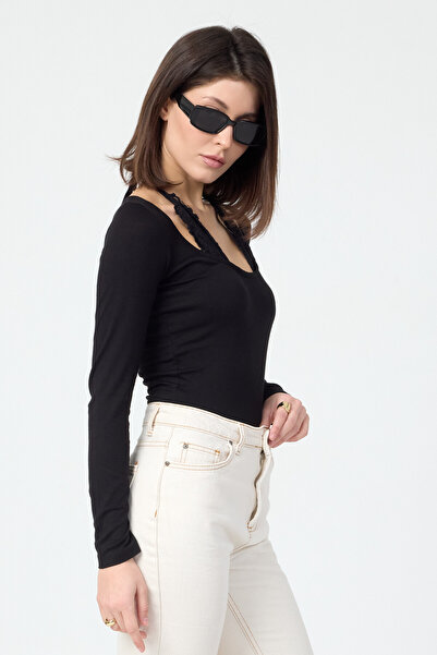 Kırlangıç Moda Black Tie-Detail Lace Pack Long Sleeve 100% Cotton Blouse