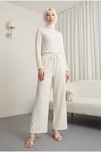 Modamorfo Παντελόνι μουσελίνας με ελαστική μέση, κορδόνια και φαρδιά μπατζάκι...