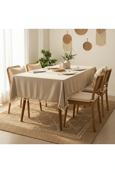 NDC HOME Τραπεζομάντηλο Μπεζ Βαμβακερό Λινό Καφέ Ριγέ Πομπον