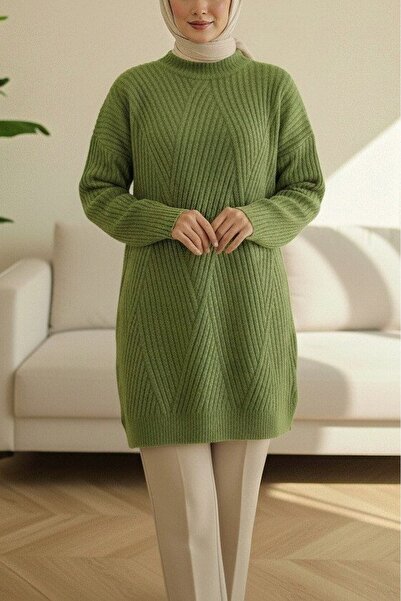 Modamorfo Πλεκτό πουλόβερ με σχέδιο μπακλαβά με λαιμόκοψη ποδηλάτου - πράσινο