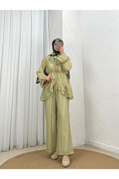 MİHRA STORE Σετ παντελονιού Rezzan με γιακά με βολάν και κορδόνια-ML2134 Πράσ...