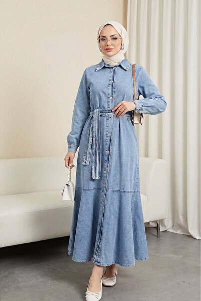 Modamorfo Φόρεμα τζιν με κουμπιά σε όλο το μήκος και βολάν - ανοιχτό μπλε