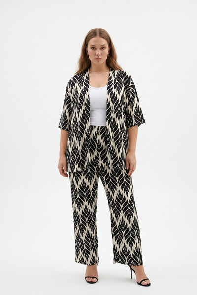 Talvien Büyük Beden Kimono Hırkalı 2’li Takım – Bürümcük Kumaş Oversize Şık Set