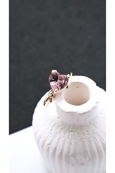 Serenity Pink Stone Gold Color Steel Ring with Single Heart Figure