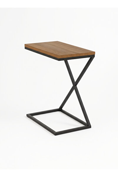 MARIA HOMES طاولة جانبية على شكل حرف Z مع سطح خشبي وقاعدة معدنية سوداء