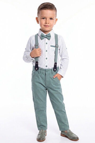 bebegen Set 4 piese pentru băieți, cămașă albă cu model verde mentă, cu papio...