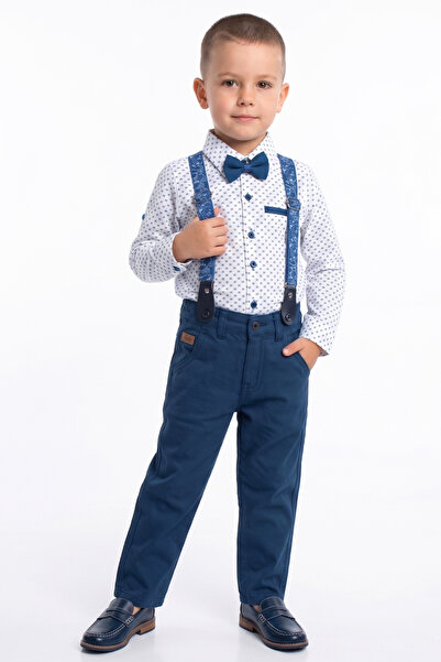 bebegen Αγορίστικο λευκό μπλε πουκάμισο με τετράγωνο σχέδιο, παπιγιόν και λου...