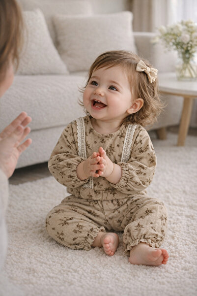 Babyhola Lace Detailed Floral Patterned Muslin Holiday Baby Girl Set Top and ...
