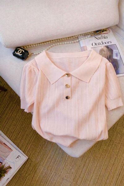 nathia outdoors Ροζ Πλεκτό Γυναικείο T-Shirt με Ασημί Γκρι Λεπτομέρεια στα Κο...