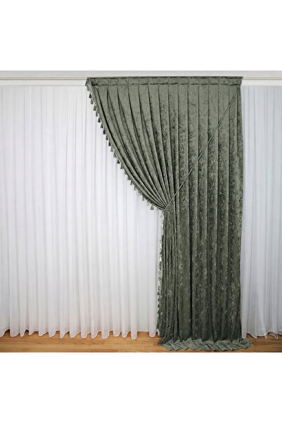 MebelPort Curtain Κουρτίνα σενίλ Φόντο ΔΙΠΛΟ ΦΟΥΝΤΟ με φούντες στην άκρη (δεξ...