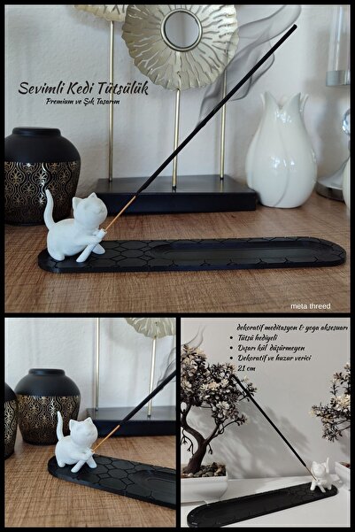 MODA Siyah & Marble Desen Kedi Figürlü Tütsülük – 3D Baskı Dekoratif Tütsü St...