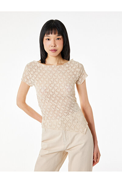Koton Slim Fit Boat Neck Short Sleeve Semi-Transparent Asymmetrical Lace T-Shirt