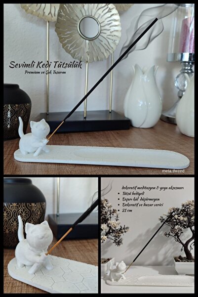 MODA Marble Desen Kedi Figürlü Tütsülük – 3D Baskı Dekoratif Tütsü Standı (24...