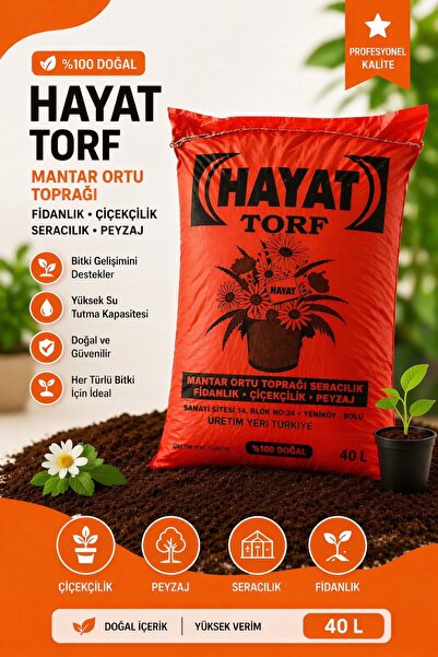 Hayat Torf 40LT Organik Bitki Çiçek Toprağı Kullanıma Hazır İç Ve Dış Mekan B...