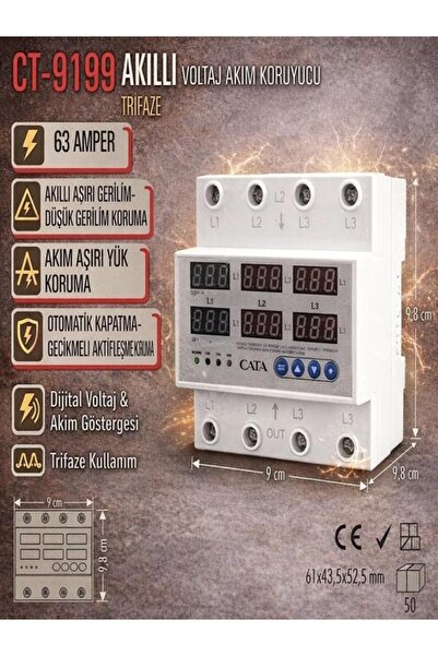 Cata CT-9199 Akıllı Voltaj Akım Koruyucu Trifaze 63 Amper Ray Tipi