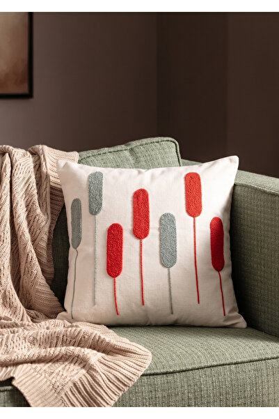 Goshıkı Red and Light Gray Colored Cotton Comfort Throw Pillow Cover 42X42