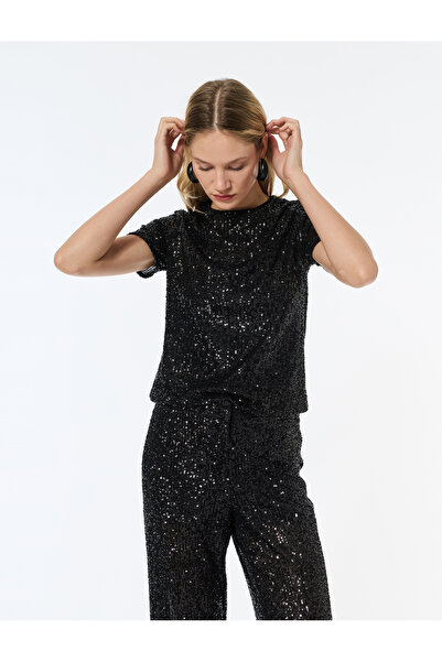 Koton Βραδινό φόρεμα με κοντό μανίκι με παγιέτες και παγιέτες