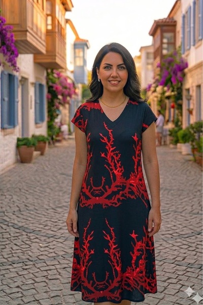 elma abone New Season Women's Summer Picasso Viscose Low-Sleeve Dress