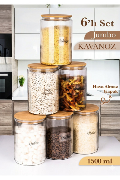naturelove Set of 6 Labeled Glass Jars – Large Bamboo Vacuum Lid Striped Food...