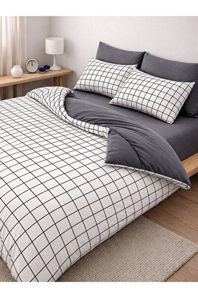 ROSERA HOME طقم غطاء لحاف مزدوج مع ملاءة مطاطية من القطن باللون الأبيض مربع ا...