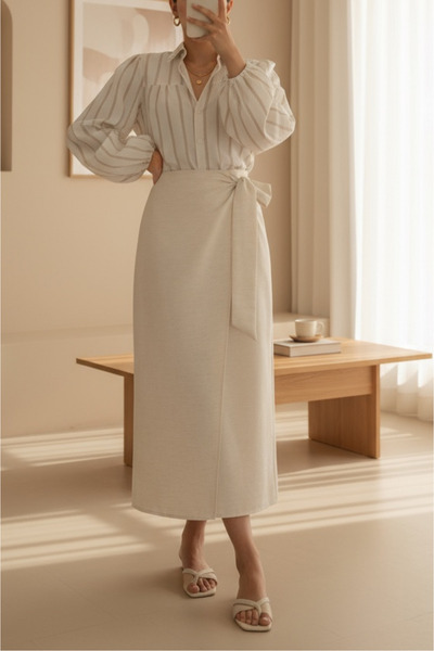 Modamorfo Λινή φούστα με διπλό δέσιμο στο μπροστινό μέρος και στο πλάι - πέτρα