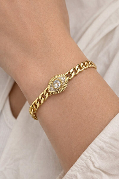 ANKA JEWELLRY ZİRKON TAŞLI GÖZ DETAY KALIN ZİNCİR ÇELİK GOLD KADIN BİLEKLİK
