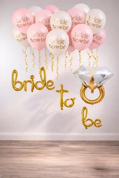 Patladı Gitti Bride To Be Balon Set; Baskılı Balon, Gold Folyo ve Tek Taş Yüzük