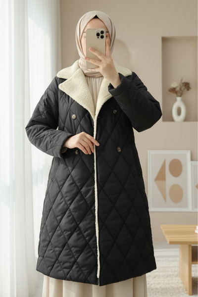 Modamorfo Παλτό με βελούδινη λεπτομέρεια στο γιακά και κορδόνια στη μέση - μαύρο