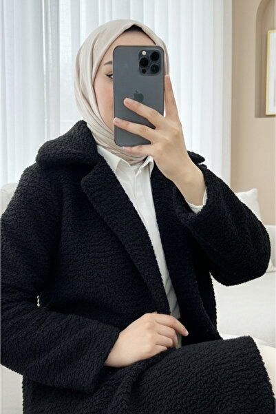 Modamorfo Düğmeli Astarlı önden Cepli Peluş Kaban -siyah