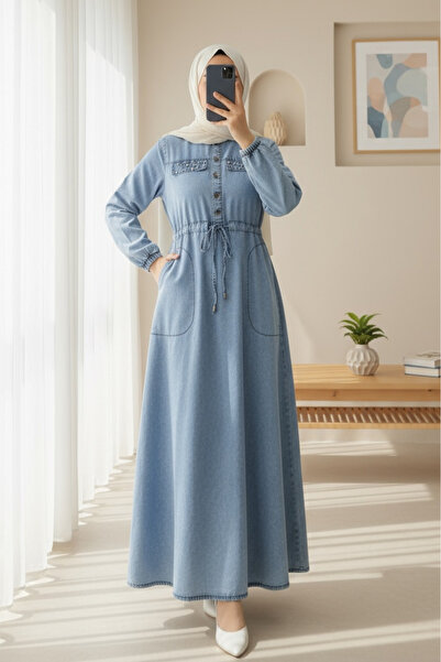 Modamorfo Stone Pocket Detailed Tunnel Lace-Up Denim Dress - Ice Blue
