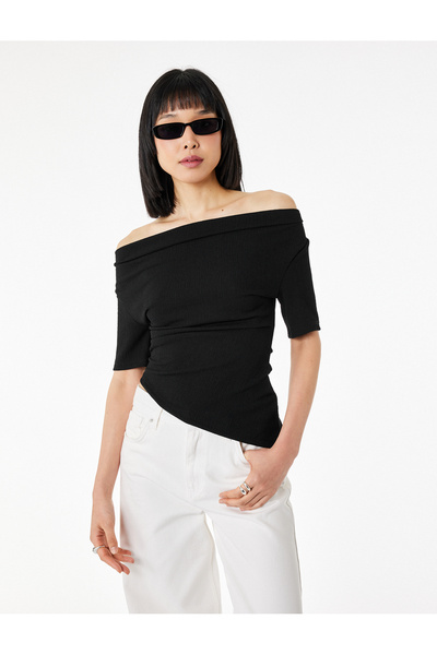 Koton Ασύμμετρο μπλουζάκι από ύφασμα κρεπ με κοντό μανίκι και γιακά Degaje