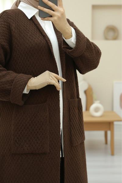 Modamorfo Ζακέτα πλεκτή μακριά με διπλές τσέπες - καφέ