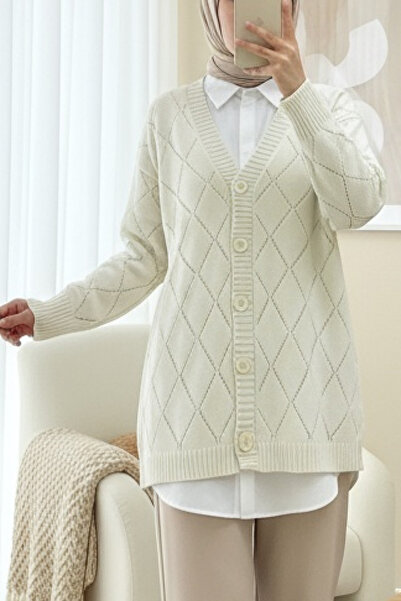 Modamorfo Διάτρητη ζακέτα πλεκτή με σχέδιο μπακλαβά - κρεμ