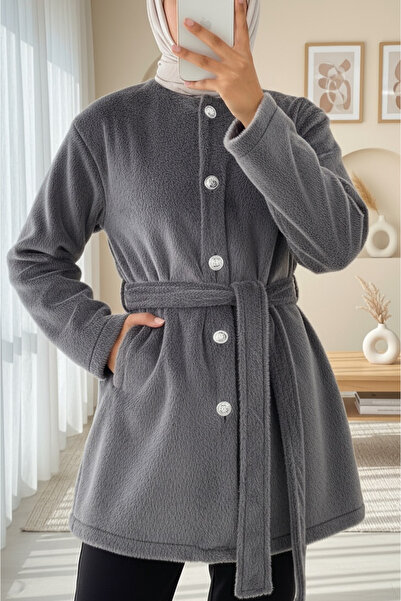 Modamorfo Buttoned Waist-Tie Fur Jacket - Smoked