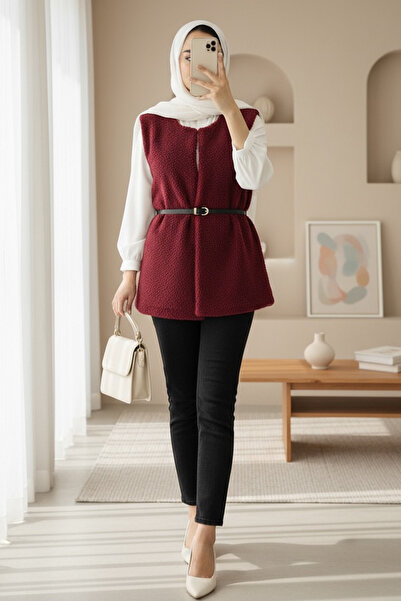 Modamorfo Γιλέκο βελούδινο με ζώνη στη μέση και διπλές τσέπες - μπορντό