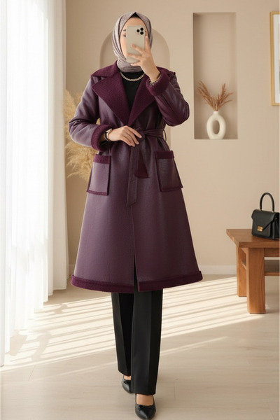 Modamorfo Δερμάτινο παλτό με ζώνη στη μέση, διπλές τσέπες και γούνα στο εσωτε...