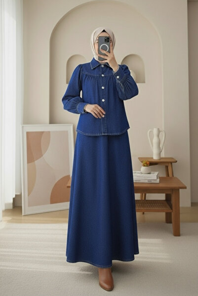 Modamorfo Τζιν σετ με ζώνη στη μέση, κουμπιά μπροστά και φούστα - μπλε ναυτικό