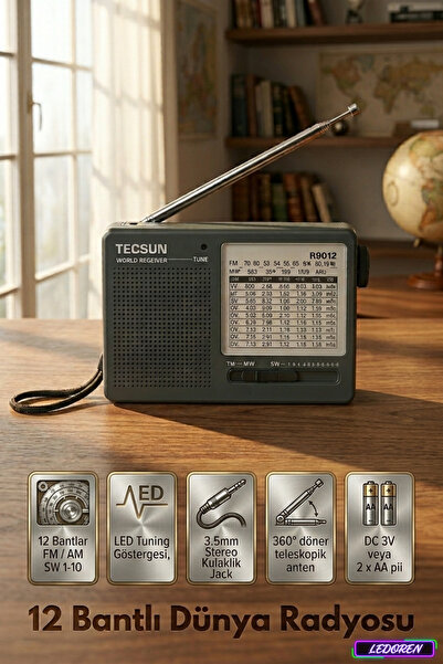 TECSUN R-9012 Portable Analog Radio Shortwave FM Stereo Receiver FM/MW/SW 12 Band World Radio