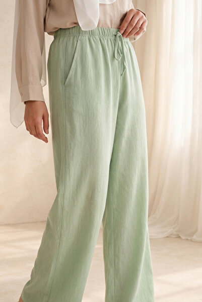 Modamorfo Γυναικείο λινό παντελόνι με φαρδιά μπατζάκια 6735 - E.green