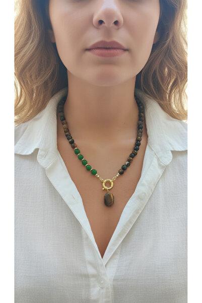 elinasaccessories Doğal Taş Kolye Kaplangözü ve Yeşim Taşlı 14K Altın Kaplama...