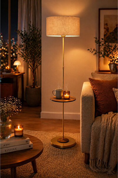 ANGDESİGN Nisa Luce SEHPALI Lambader ZAMBAK Metal Antik Metal Gövde/ Krem Kum...