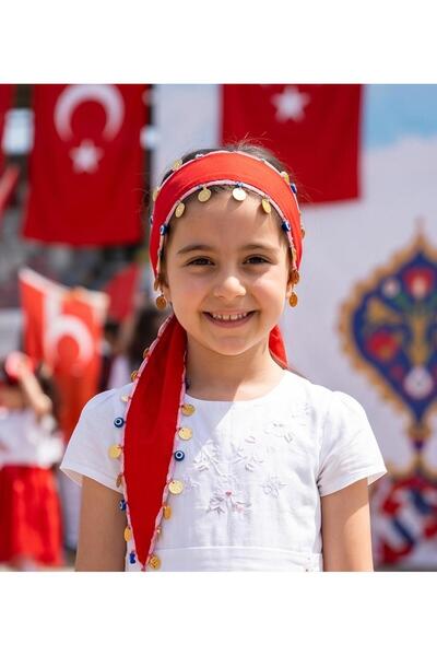 ASYA PAZARLAMA Κόκκινο κασκόλ με χάντρες κακομάτι και λιλά, παιδικό φουλάρι, ...