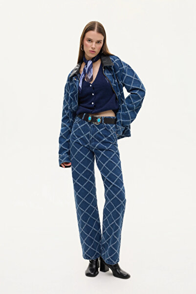 Quzu Τζιν παντελόνι με ψηλόμεσο μοτίβο μπακλαβά μπλε