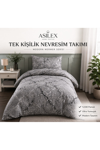 Asilex Home Collection Σετ Μονό Παπλωματοθήκη με Γκρι Μαρμάρινο Σχέδιο και Βα...