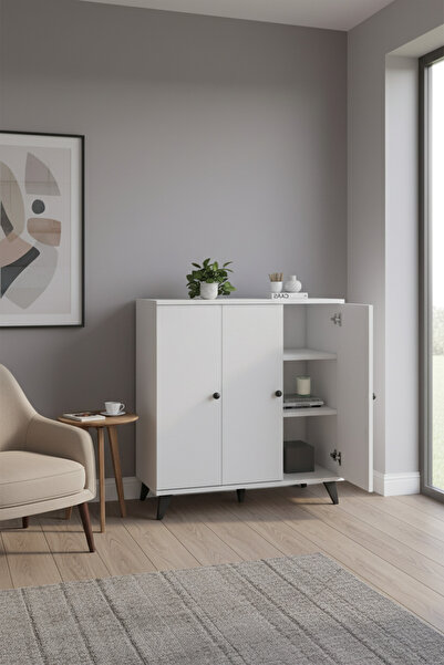 Dienni Simple Çok Amaçlı Dolap 4 Raflı 3 Kapaklı 90x44x96 BEYAZ