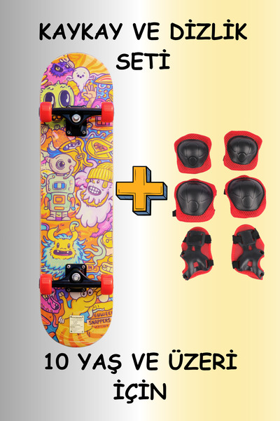 düşler oyuncak dünyası Üstü Zımparalı Ahşap Kaykay 80 cm ve Dizlik Dirseklik ...